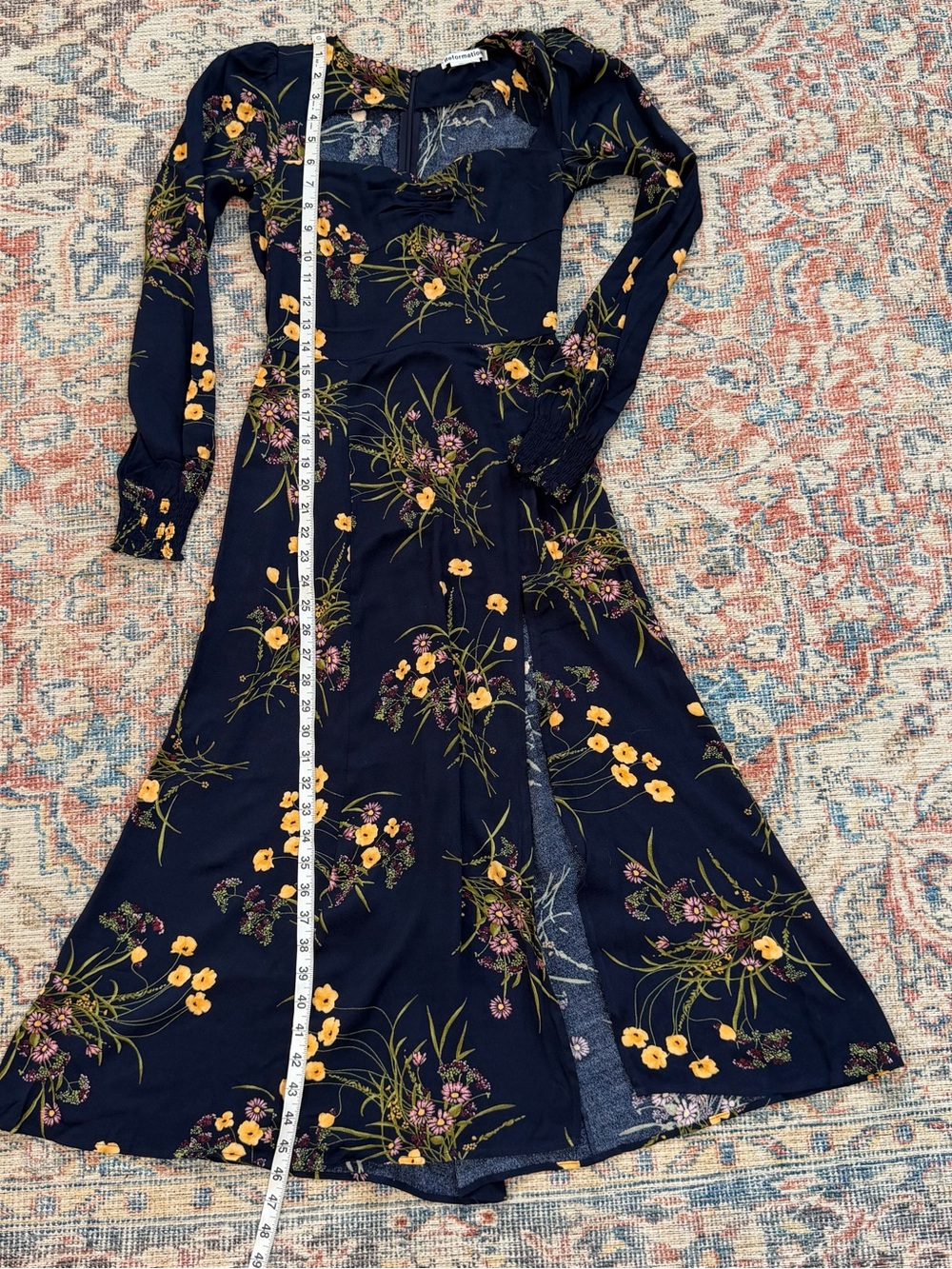 REFORMATION Boho Wallflower Midi Dress Navy Long Sleeve Slit Sweetheart Size 0 - Picture 11 of 16